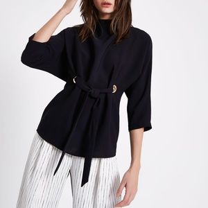 New River Island Eyelet Tie Up Front High Neck Top